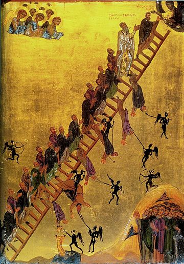 The Wikipedia search, brought the ladder from earth, to heaven, as an ascent to heaven, step by step closer to God as The Divine Model. Depicted in the Dark Ages, as a life and death attempt to grow closer to God or grow away from His Love, and Sacrifice for all mankind. 