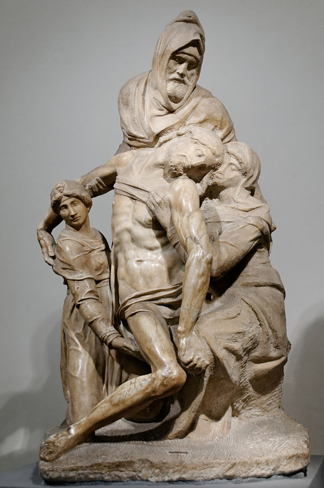 Michaelangelo depicts the Jesus in death, with God the Father, His Mother and friend showing love and tenderness towards Him.